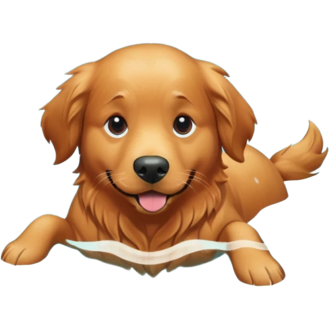 Dark red golden retriever swimming in a pool surrounded by trees emoji