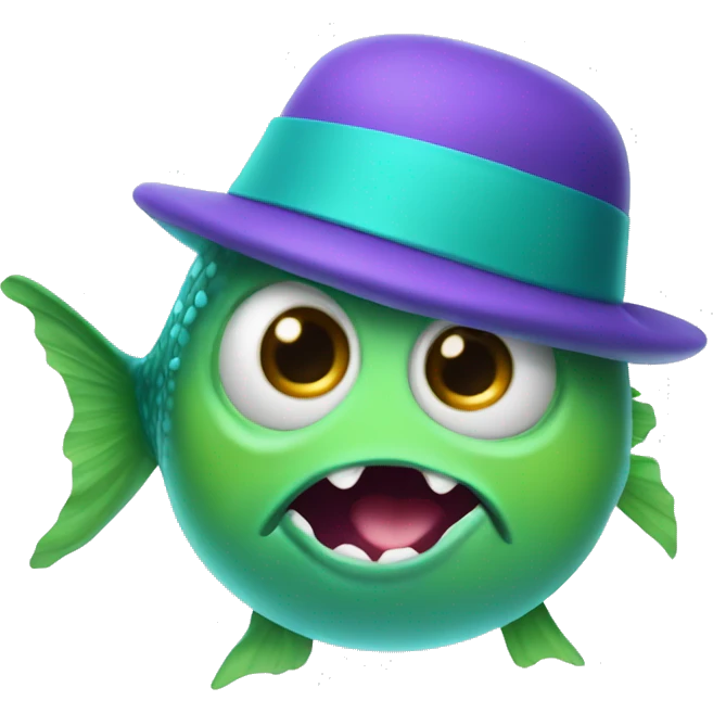 green and Robin egg blue fish monster wearing a purple hat emoji