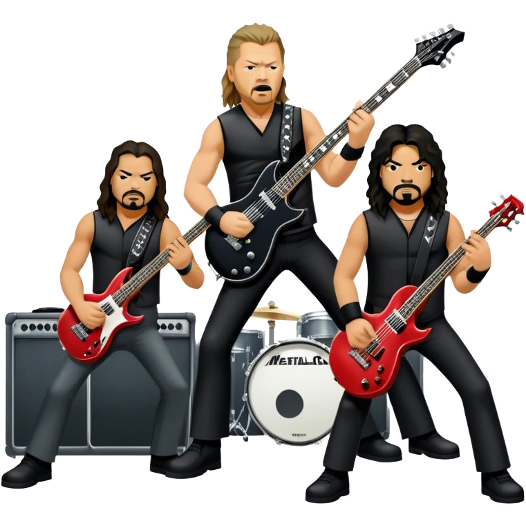 Icon for Metal Music: Metallica band members detailed in their signature look. James Hetfield with guitar, Lars Ulrich on drums, Kirk Hammett with his electric guitar, and Robert Trujillo playing bass. Bold, energetic style with musical notes, all in a heavy metal aesthetic. Transparent background. emoji