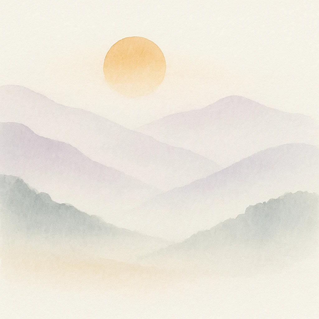 aesthetic morning sunrise, misty mountains, golden sunlight, tranquil mood emoji