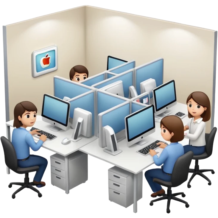 small office interior with employees working at computers, representing a small or medium business, Apple iOS style, soft lighting, glossy finish, white background emoji