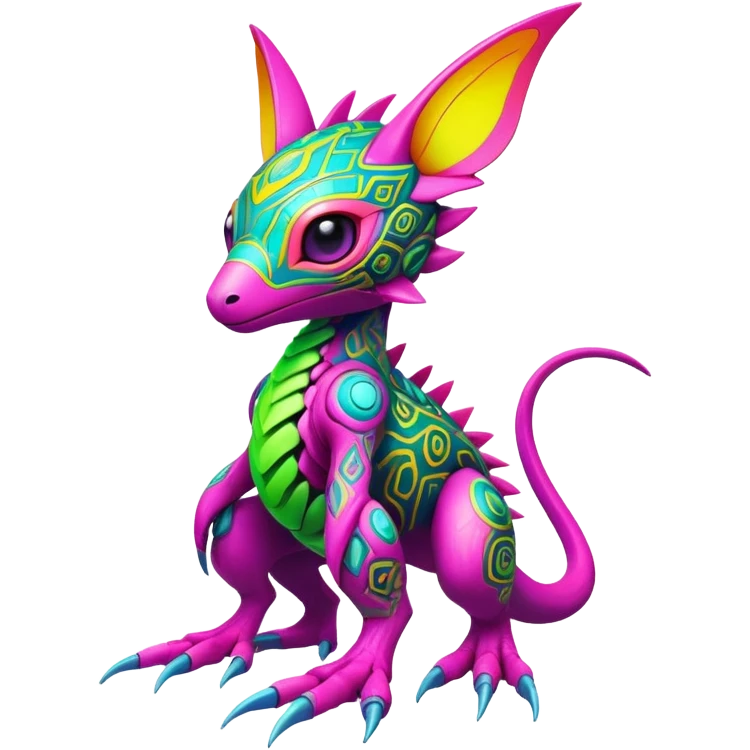 Tropical futuristic lush warm-colored modern colorful neon-colored cyber-Fakémon-Digimon-Trico-creature emoji