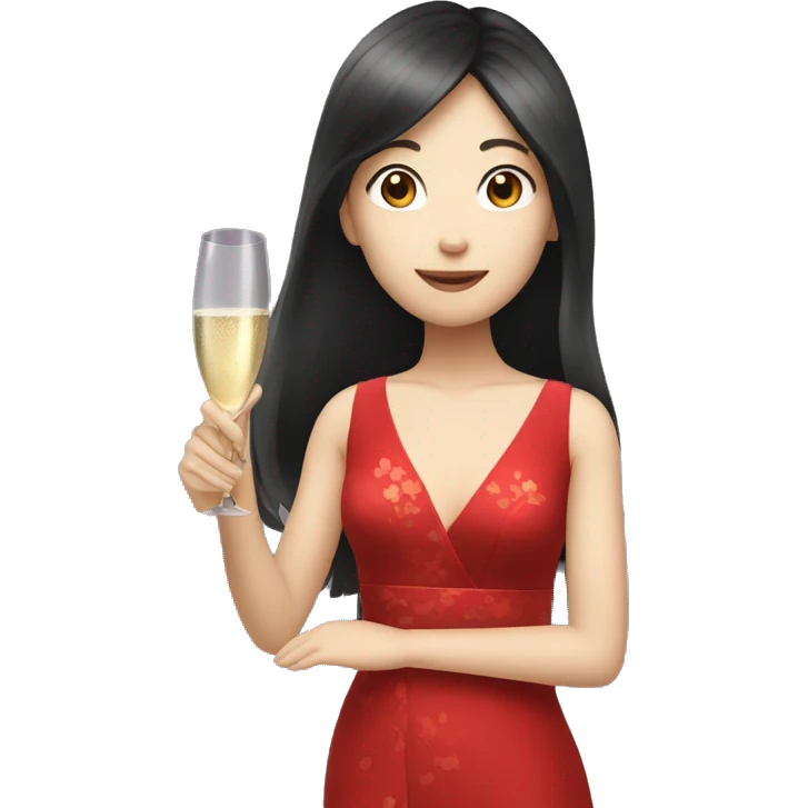 Long hair Japanese girl holding a champagne glass in red dress  emoji