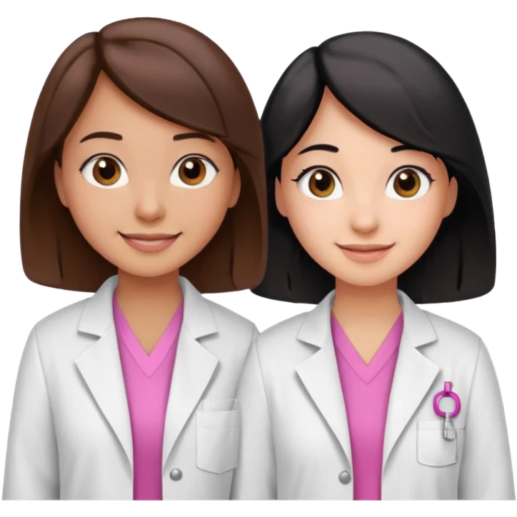 cientificas con blusa rosa y bata blanca felices, una chica con pelo marrón y otra chica un poco mas pequeña con pelo negro, deben tener la piel un poco brinceadas emoji