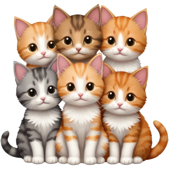 6 tiny kittens cuddling together all different colours, the first one is grey and white, the second is ginger and white and the third is brown tabby and white emoji
