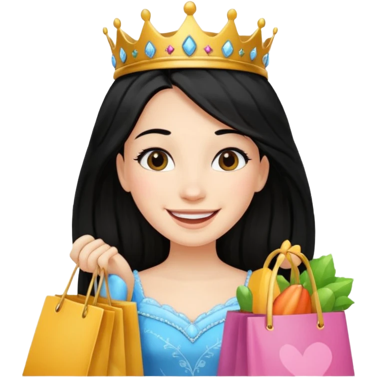 zadowlona czarnowłosa ksiezniczka z dlugimi wlosami jest zadowolona z zakupami emoji