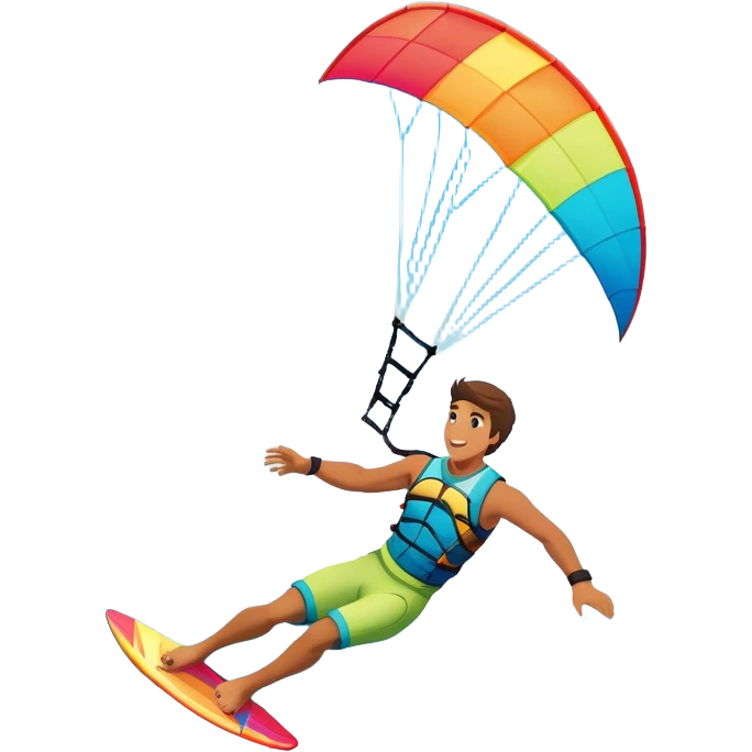 A professional kite surfer performing a high-flying trick on the waves, with a colorful kite soaring above. The background features a stunning landscape of rolling ocean waves, a bright sky, and distant mountains, emphasizing the skill and freedom of the sport. emoji