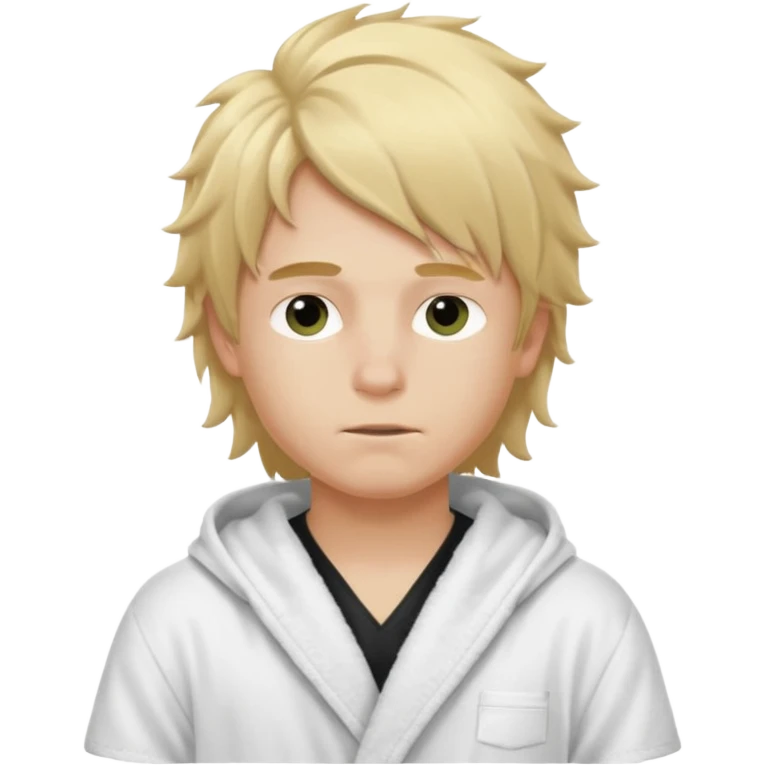 Create a blond boy with long, messy hair, light eyes, a white t-shirt, rich, with long hair, blue eyes, medium-length, voluminous hair, wearing a black Nike bathrobe and a little blush near his nose. and with a balaclava emoji