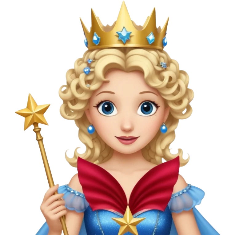 Glinda from Wicked, happy expression, blonde curls, glittery crown, blue ballgown, holding a star wand emoji
