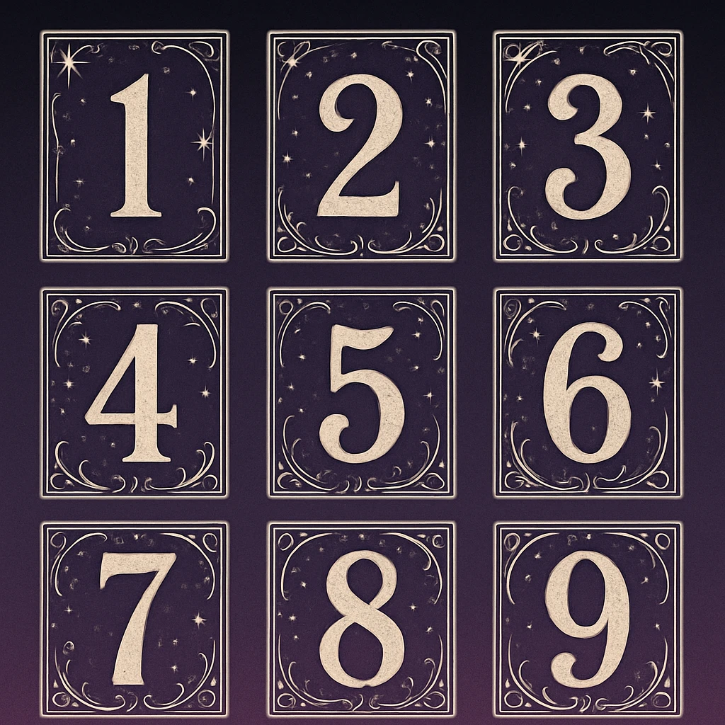 numbers in tarot aesthetics with a dark purple gradient to light purple background emoji