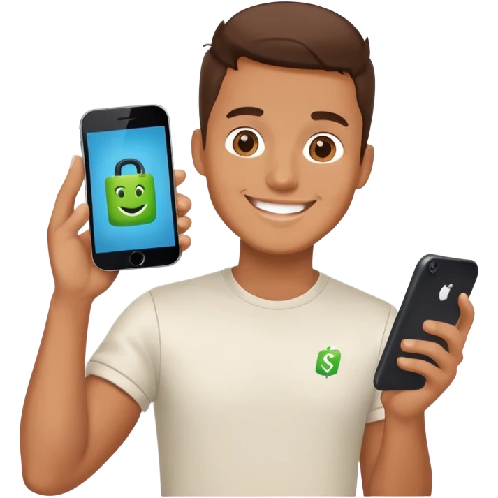 a man showing a phone with a shopify logo smiling emoji