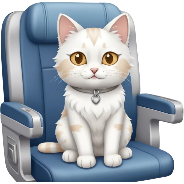 White cat with gray and tan splotche on an airplane emoji