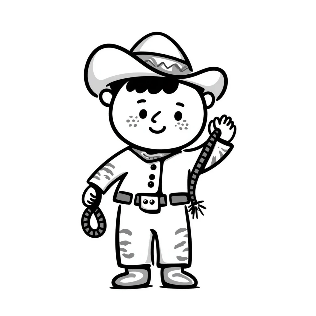 A hand-drawn plush baby cowboy toy with a lasso and cute freckles emoji