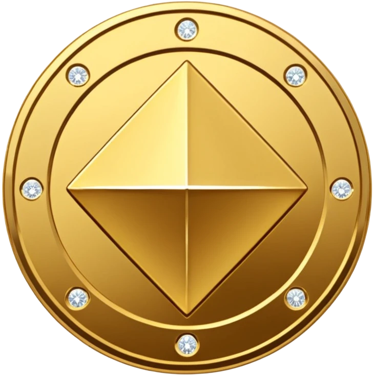 Create a high-quality 3D render of a shiny yellow/gold coin. In the center of the coin, place a diamond-shaped logo (“wajik”). Around the logo, engrave the text “Rusoconnect Network” in a circular layout. emoji