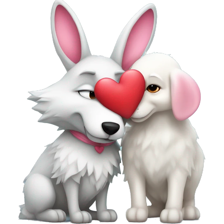 Old Wolf kissing white Bunny with pink ears, with big red heart between them  emoji