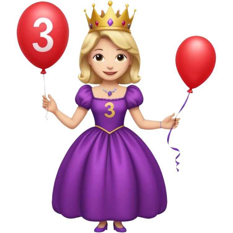 queen wearing dress, holding balloon in shape of number 3 emoji