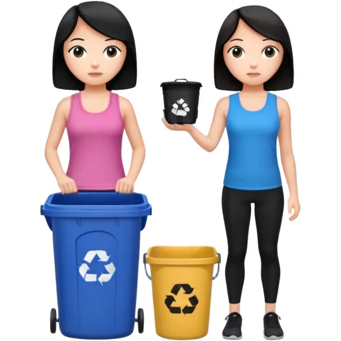 generate a genmoji of a black haired girl in a pink tank top and black leggings holding a black trash bag. Standing with her is a brunette girl in a similar blue tank top and black leggings.
Standing in front of a dustbin emoji