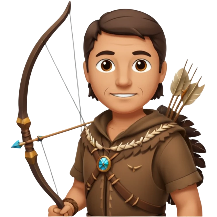 The classic middle-aged hunter with a bow and arrow on his back, dressed in brown with decorations made of feathers or bone teeth emoji