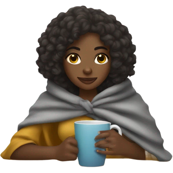Black girl with shoulder length curly hair drinking from a mug while wrapped in a poncho emoji