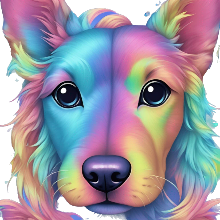 Multicolored rainbow retro groovy tie dye hippie trippy floral patterns on a metallic holographic iridescent blue dog face head unicorn emoji