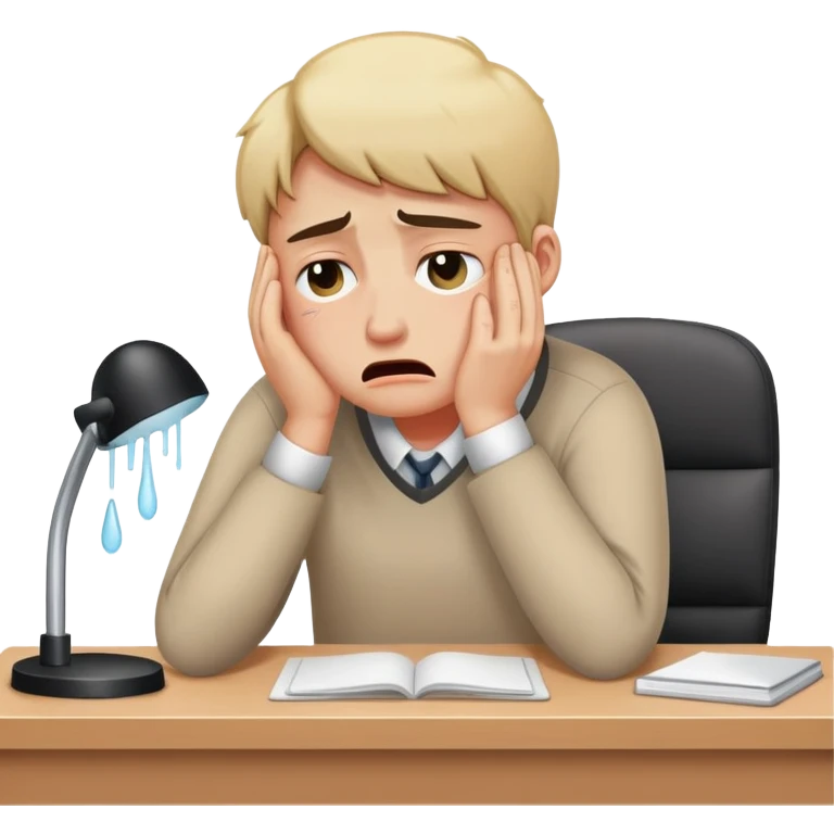 person sitting at a modern desk crying emoji