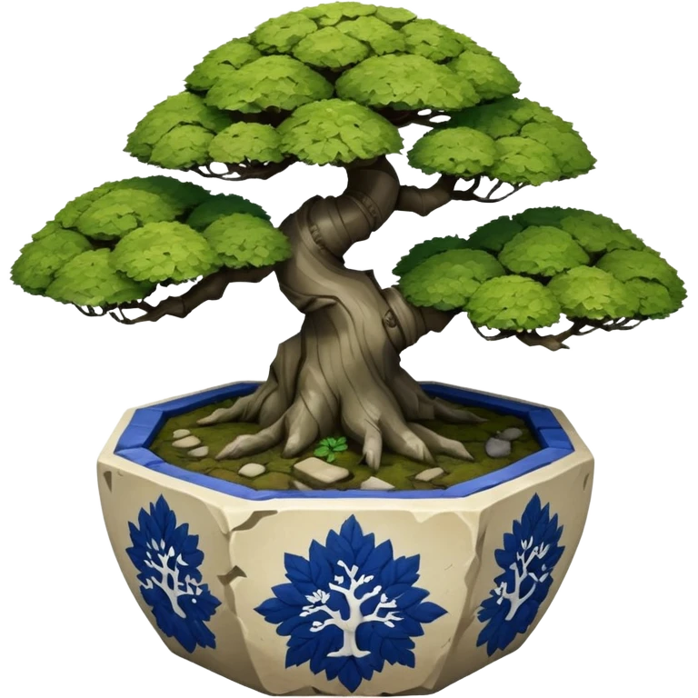 Japanese very old broken intricate Stone Age rocky-crusted dodecahedron-shaped shallow dark moss rough bark blue willow flower maple tree bonsai pot emoji