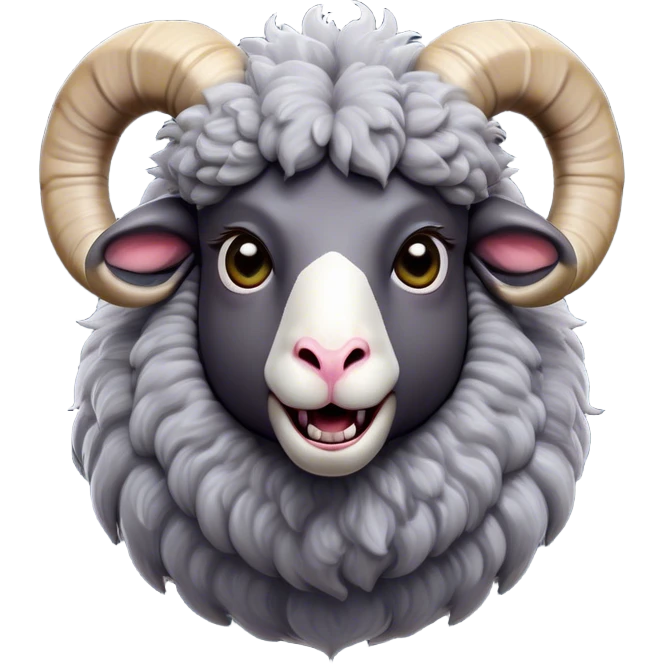 Cinematic Comical Ram Portrait Emoji, Head tilted dramatically with an exaggeratedly amused expression, featuring a striking woolly grey fur with impressively curled horns, wide, expressive dark eyes filled with playful disbelief, Simplified yet hilariously expressive features, highly detailed, glowing with a slightly sassy glow, high shine, dramatic yet playful, stylized with an air of cheeky mischief, bright and endearing, soft glowing outline, capturing the essence of a spirited and over-the-top ram, so meme-worthy it feels like it could butt its way into internet fame instantly! emoji