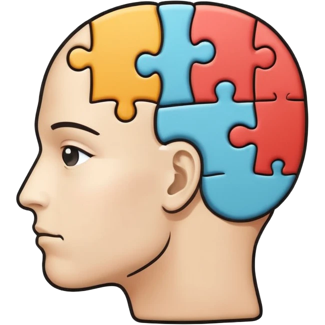 Minimalistic flat vector icon, iOS style, thin black contour on white background. Human head profile with a brain inside, split into puzzle pieces. No text, no shadows. emoji