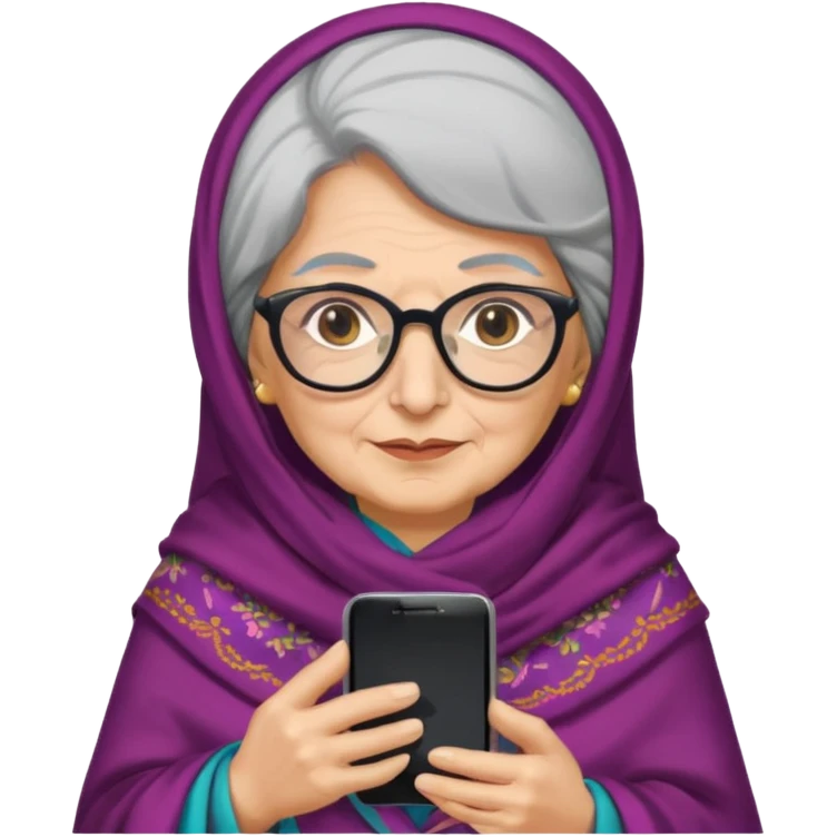 persian old woman Persian shawl with smartphone and glasses, half body emoji