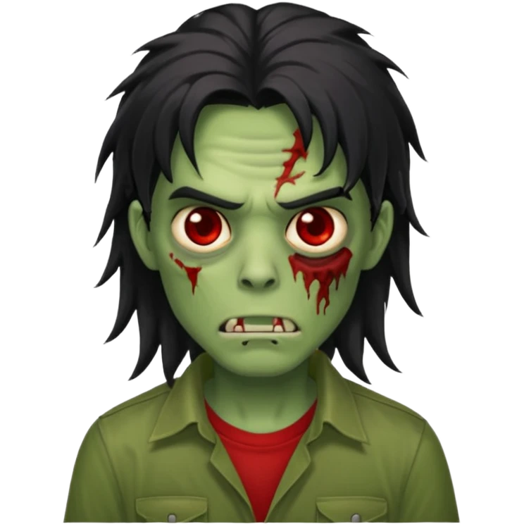 chico pelo medio largo ojos rojos y una camisa verde ,pelo negro y mas voluminoso zombie  emoji
