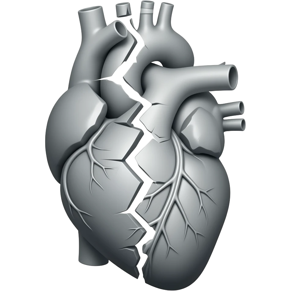 разбитое пополам анатомическое сердце серое цвета с валябщимися кусочками emoji