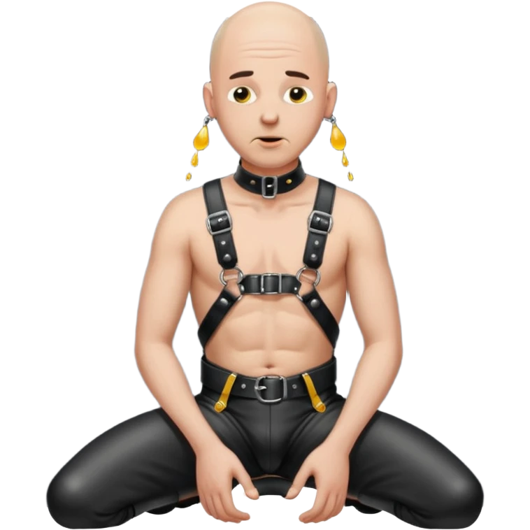 submissive bald man on his knees in a black leather harness standing man in leather, pouring piss down his throat emoji