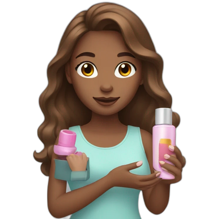 brown-haired girl holding cosmetic products in her hands emoji
