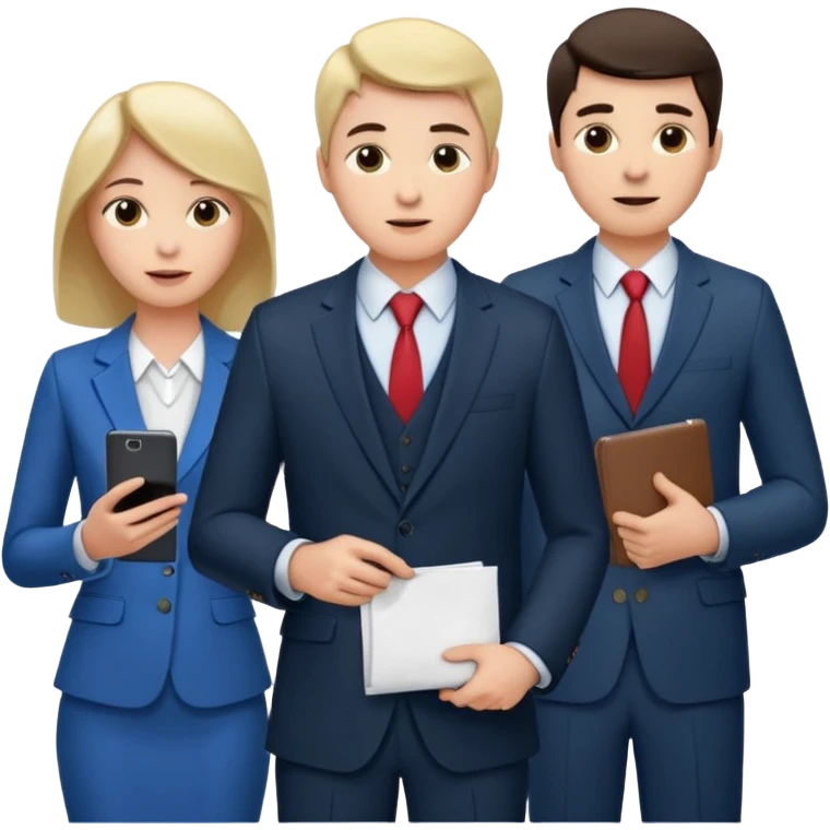 Команда в костюмах из трёх человек. на переднем палне Мужчина впереди общается по смартфону, дальше женщина слева стоит с ноубуком, мужчина справа держит бумаги emoji