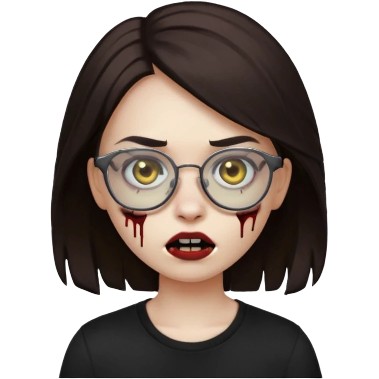 apple emoji zombie girl with dark brown emo hair and black shirt and glasses emoji