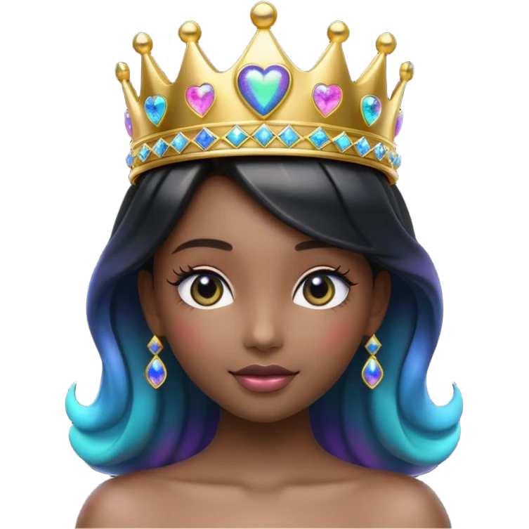 3D rendering, glossy black heart emoji icon, wearing hyperrealism 10k Gold sparkling tiara princess crown covered in black opal that has a futuristic multicolor Shimmer, clean lines on a transparent background emoji