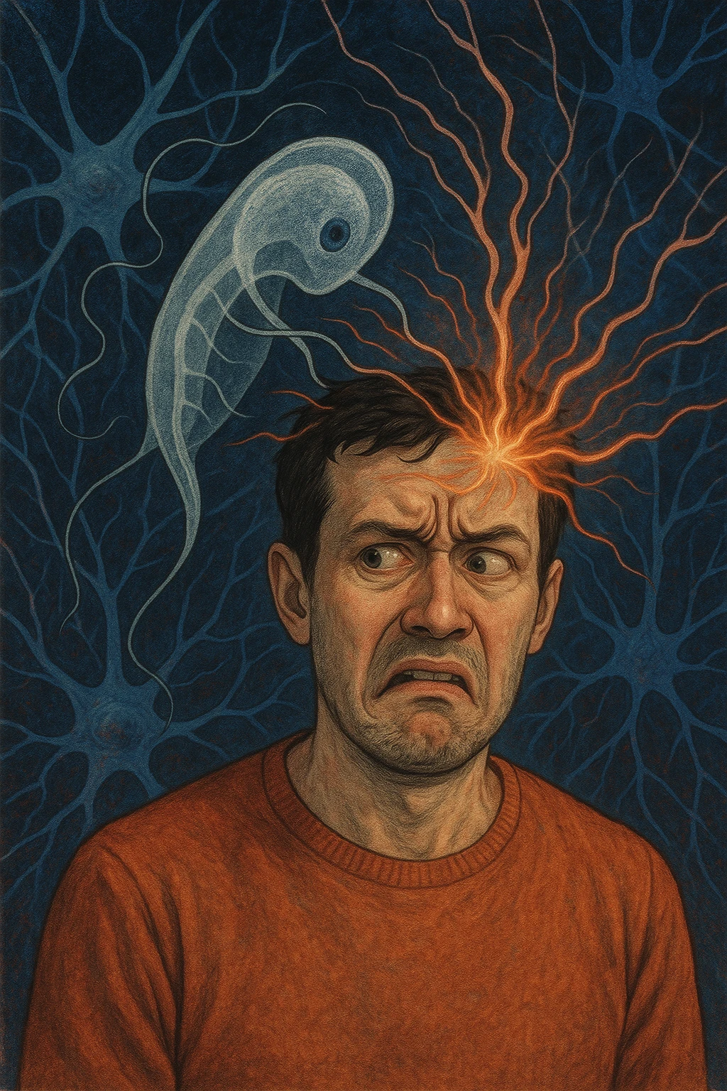 Uomo con espressione confusa e sbalzi emotivi visibili sul volto, in un ambiente surreale. Un'ombra astratta o un parassita trasparente (Toxoplasma gondii) si insinua nel cervello, con linee energetiche che influenzano le emozioni. Sfondo neurologico, atmosfera tesa, simbolismo mentale e parassitario. emoji