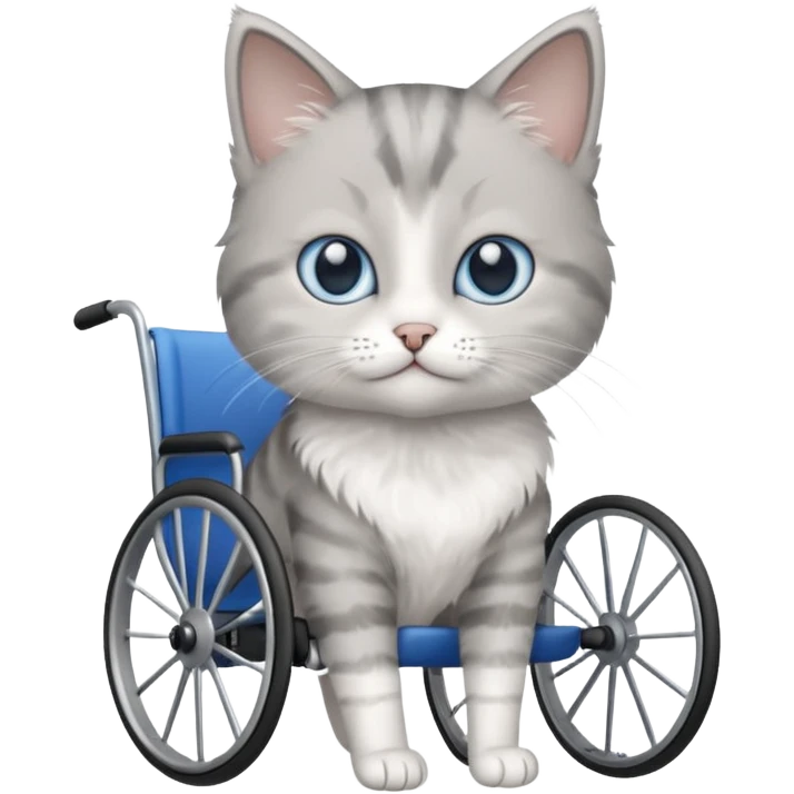 disabled grey and white small cat using a wheelchair made for cats emoji