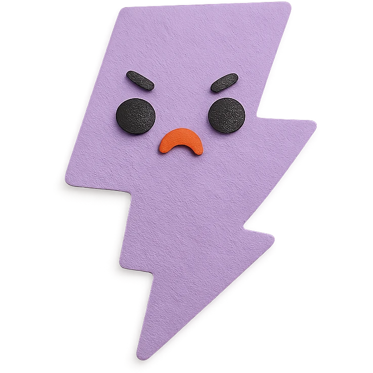 kawaii purple lightning bolt, tiny angry face, cute eyes, soft pastel colors, no arms or legs, full body, paper craft style emoji
