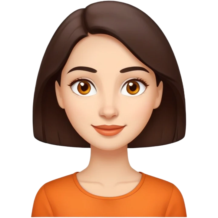 Warm enthusiastic woman with light skin, oval face, soft defined features, large expressive brown eyes, medium arched eyebrows, small nose, medium lips with relaxed smile, long dark brown hair, wearing an orange blouse emoji