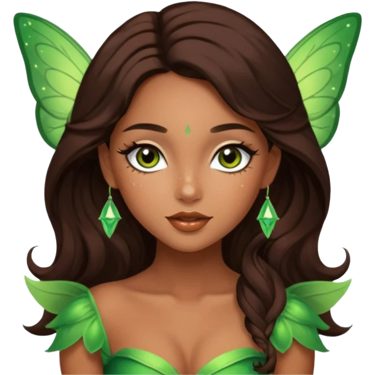 Pretty girl with caramel skin. Dark brown hair and brown eyes. She has freckles. Wearing sexy makeup. Wearing a green fairy costume and heels emoji