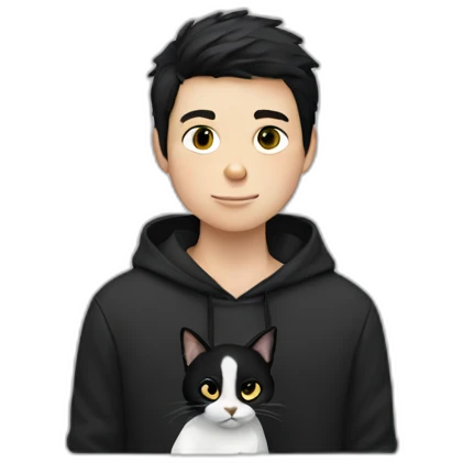 black haired and white skin boy who wears hoodie holds a black cat emoji