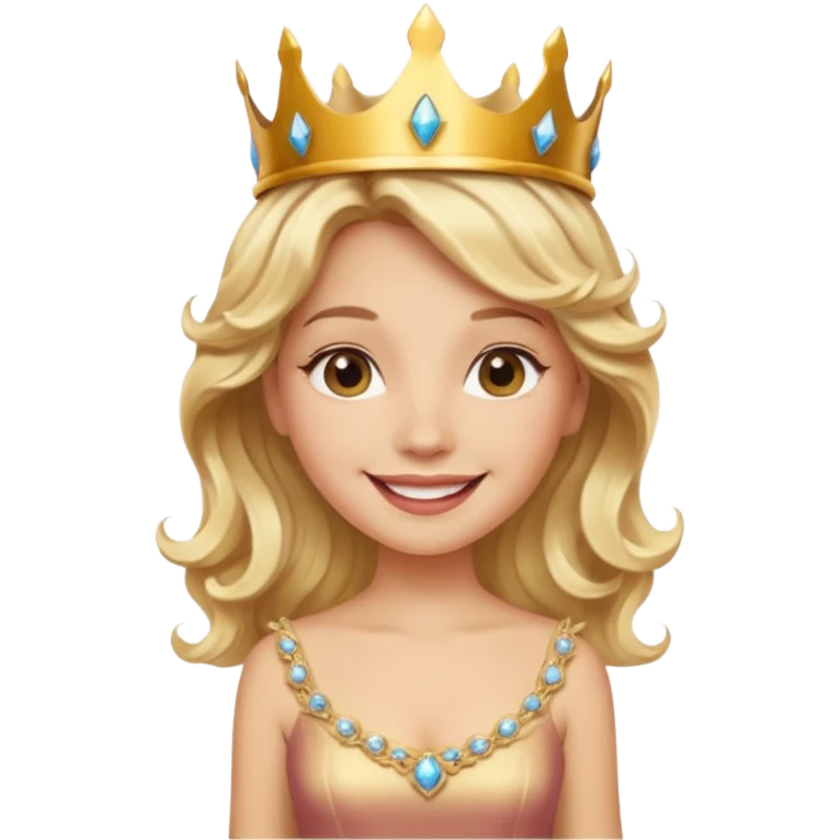 Cheerful blonde latin princess with wavy hair and light gold dress, wearing crown emoji