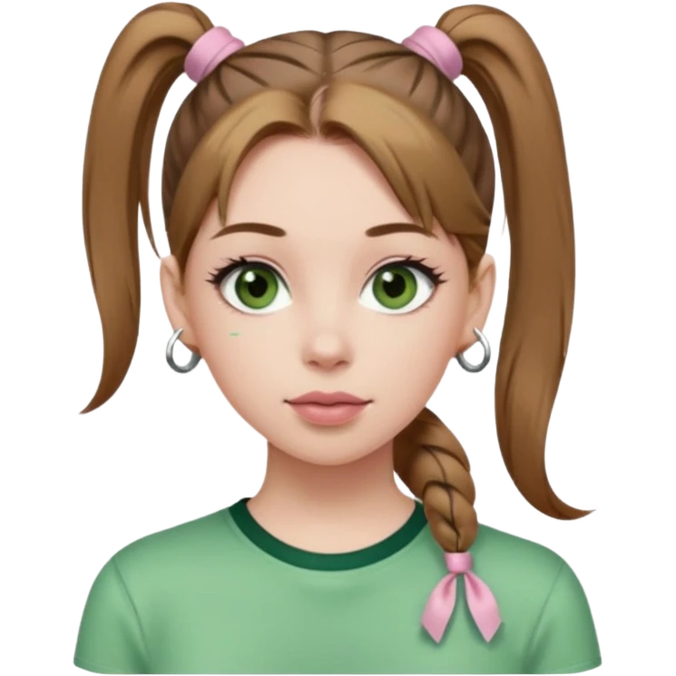 create an emoji of a young woman. She has a nice look, with long light brown hair in a single ponytail with a hair tie, dark green eyes, pale skin, natural soft pink lips. she wears a green y2k top emoji