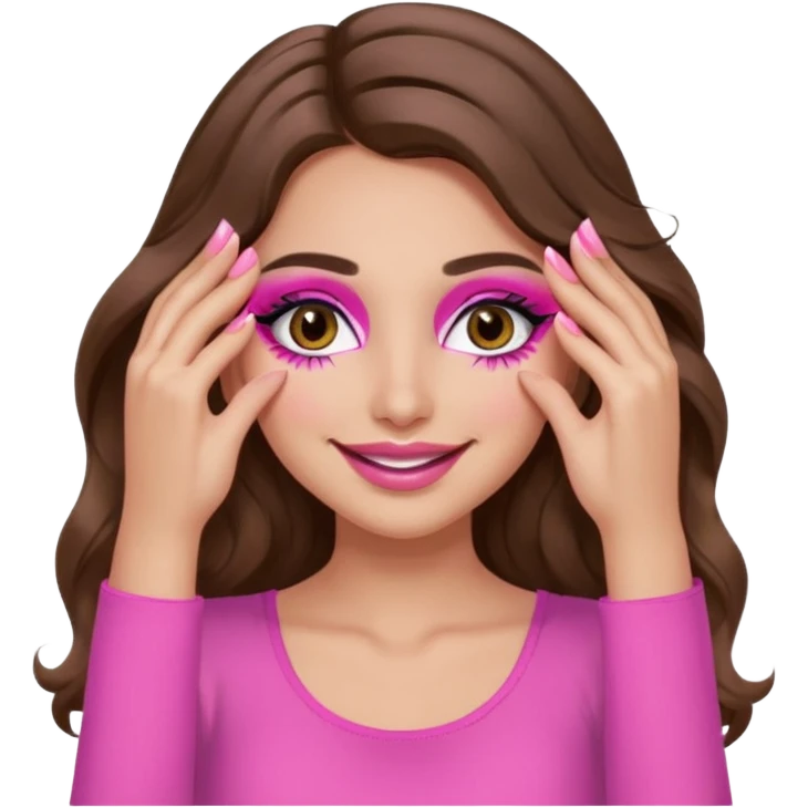 girl with long wavy brown hair, brown eyes, long lashes makeup, sexy pink lips, light to medium complexion, wearing a pink sexy top, smiling, hands covering over the eyes emoji