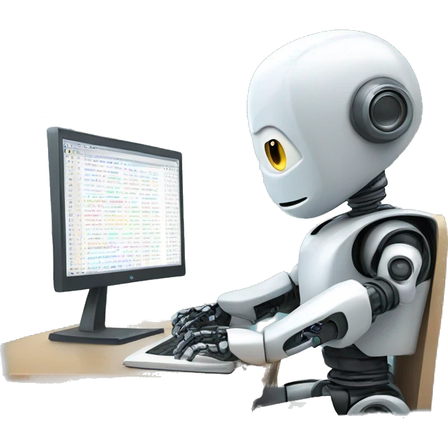 Cute robot behind computer writing code emoji