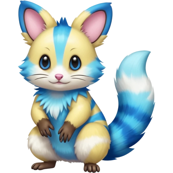 Realistic cute Neon-yellow and neon-cobalt-blue and cyan-gradients Furret-Emolga-Genet-Purrloin-hybrid-fusion (full body) emoji