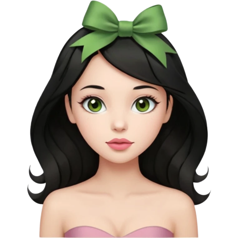 The woman has long black hair with green ribbon bows, light brown eyes, fair skin, and a heart-shaped face. She wears soft makeup, a muted rose lip, and a strapless olive green top. emoji