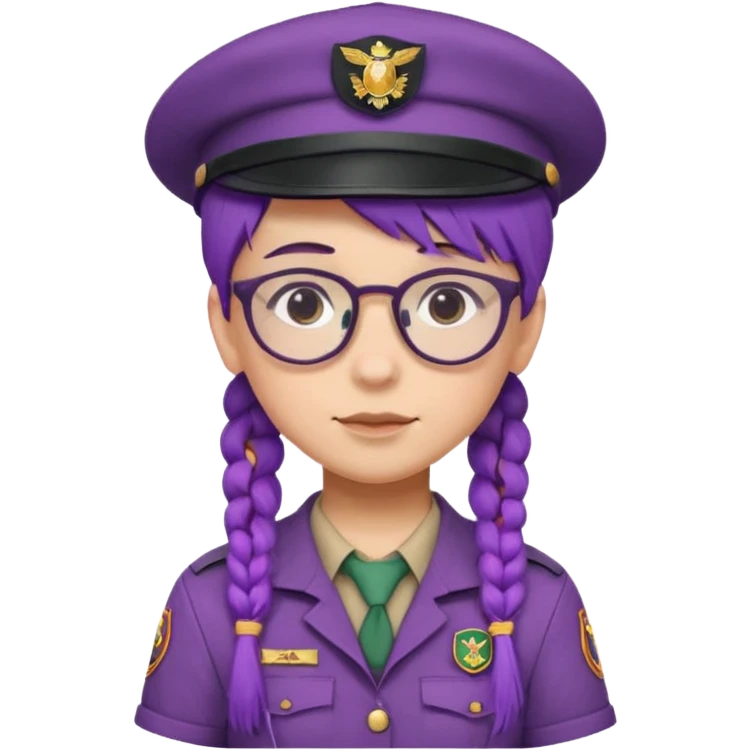 bşue uniform wearing scout kid with braids and glassess with hat purple haired emoji
