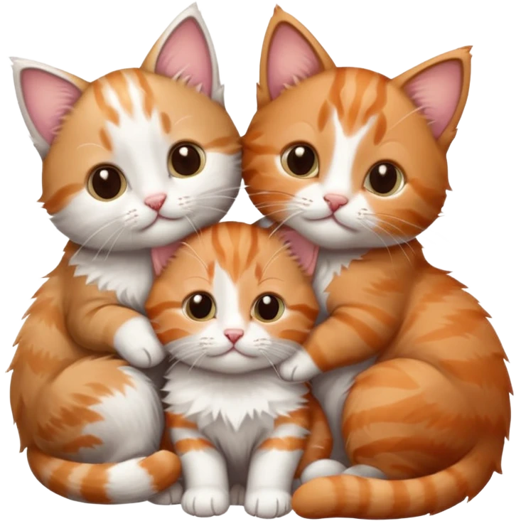 3 kittens cuddling together all different colours, the first one is grey and white, the second is ginger and white and the third is brown tabby and white emoji